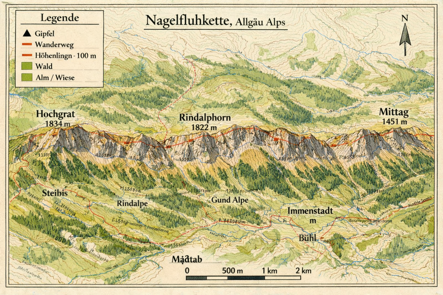 Topografische Karte der Nagelfluhkette